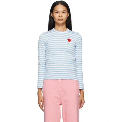 Shop Comme Des Garçons Play Blue & White Striped Heart Patch Long Sleeve T-shirt In 1 Blue