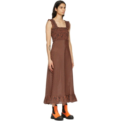 Shop Ganni Orange & Black Seersucker Check Long Dress In 307 Flame
