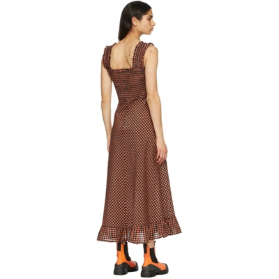 Shop Ganni Orange & Black Seersucker Check Long Dress In 307 Flame