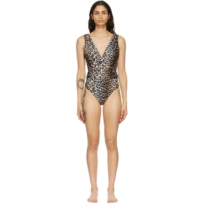 Shop Ganni Black & Brown Recycled One-piece Swimsuit In 943 Leopard