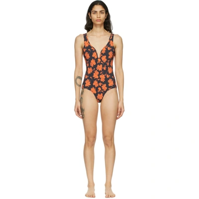 Shop Ganni Black & Red Recycled Matte V-neck One-piece Swimsuit In 252 Phantom