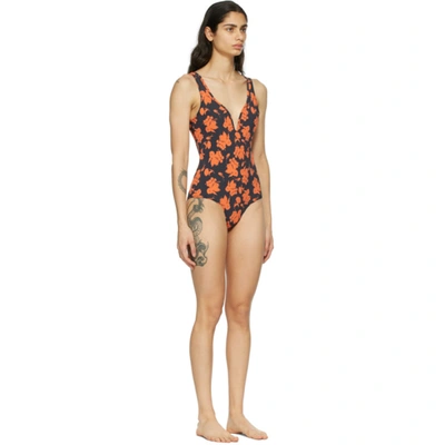 Shop Ganni Black & Red Recycled Matte V-neck One-piece Swimsuit In 252 Phantom