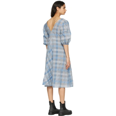 Shop Ganni Blue Seersucker Check Dress In 694 Heather