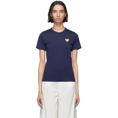 Shop Comme Des Garçons Play Comme Des Garcons Play Navy And Gold Heart Patch T-shirt In 2 Navy