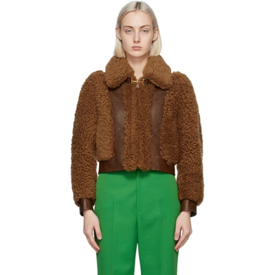 Shop Gucci Brown Curly Shearling Jacket In Chestnut