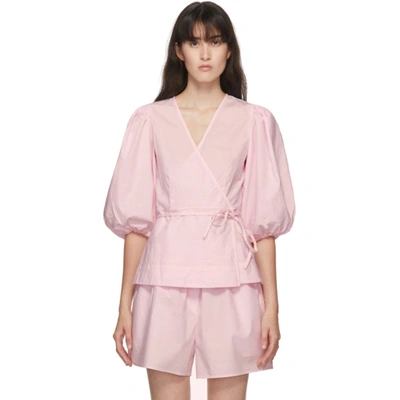Ganni Blouson-sleeve Cotton-poplin Wrap Top In 480 Cherry