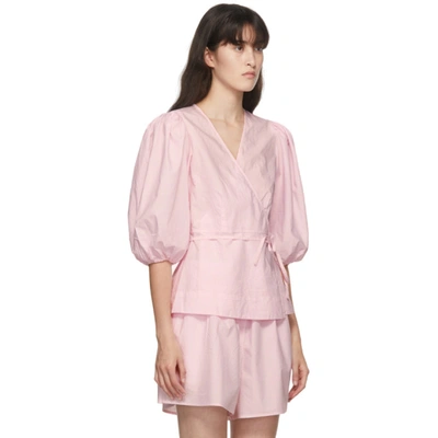 Ganni Blouson-sleeve Cotton-poplin Wrap Top In 480 Cherry