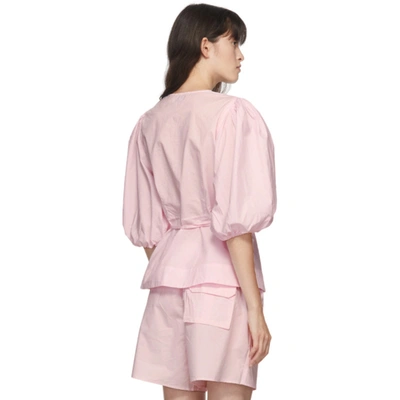 Ganni Blouson-sleeve Cotton-poplin Wrap Top In 480 Cherry