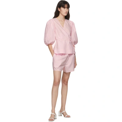 Ganni Blouson-sleeve Cotton-poplin Wrap Top In 480 Cherry