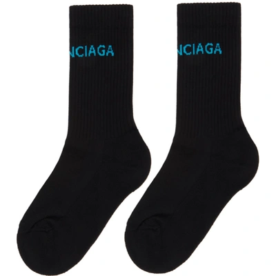 Shop Balenciaga Black & Blue Logo Tennis Socks In 1069 Blk/bl