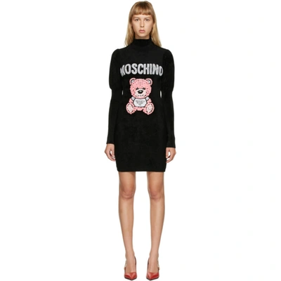 Shop Moschino Black Embroidered Teddy Short Dress In V0555 Black