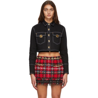 Shop Balmain Black Denim Topstitched Cropped Jacket