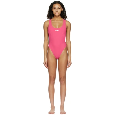 Shop Off-white Pink Logo Tape One-piece Swimsuit In Fuchsia