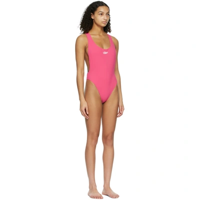 Shop Off-white Pink Logo Tape One-piece Swimsuit In Fuchsia