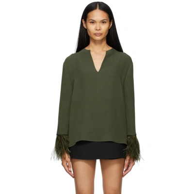 Shop Valentino Green Silk Feather Embellished Blouse In Ja5 Sage