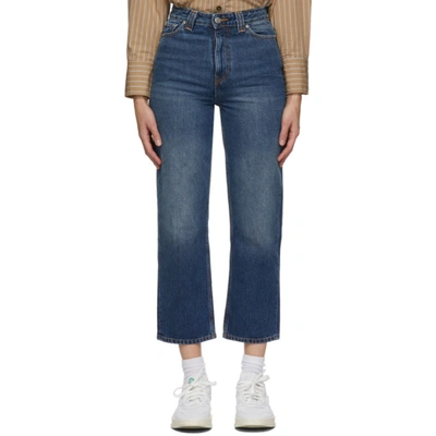 Shop Ganni Blue Washed High-waisted Cropped Jeans In 630 Denim