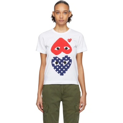 Shop Comme Des Garçons Play White & Red Polka Dot Upside Down Heart T-shirt In 1 White