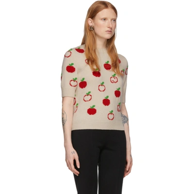 Shop Gucci Off-white Jacquard Gg Apple Half-sleeve Sweater In 9376 Ivory