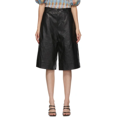 Shop Ganni Black Leather Shorts In 099 Black