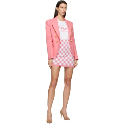 Shop Balmain Pink & White Viscose Gingham Miniskirt In Oaj Rose/wh