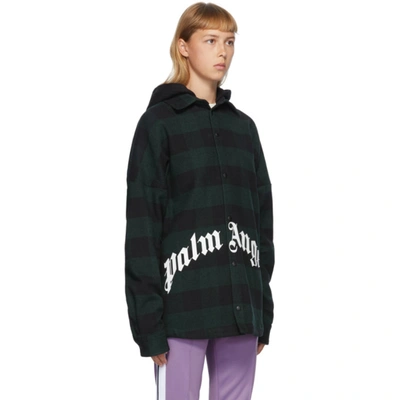 Shop Palm Angels Black & Green Checked Hooded Overshirt In Forest Gree