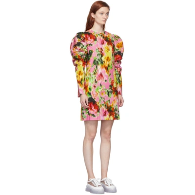Shop Msgm Multicolor Floral Ruched Sleeve Dress In 12 Pink