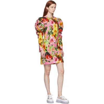 Shop Msgm Multicolor Floral Ruched Sleeve Dress In 12 Pink