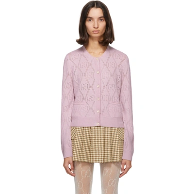 Shop Gucci Pink Wool Gg Crochet Cardigan In 5018 Rose