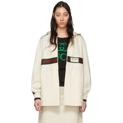 Shop Gucci Off-white Web Zip-up Hoodie In 9381 Ivory