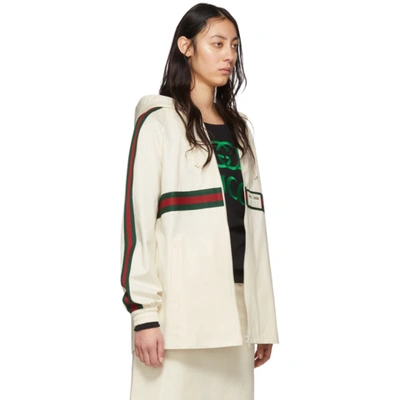 Shop Gucci Off-white Web Zip-up Hoodie In 9381 Ivory