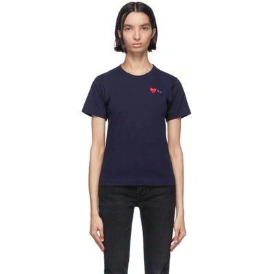 Shop Comme Des Garçons Play Navy & Red Double Hearts T-shirt In 2 Navy