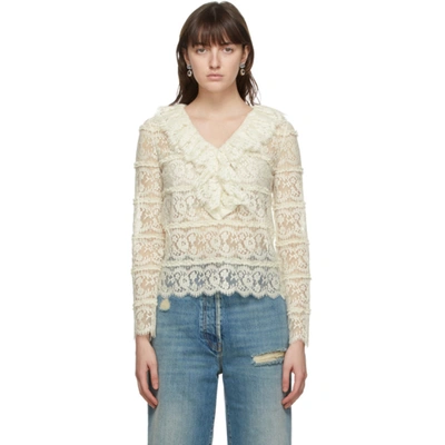 Shop Gucci Off-white Lace Ruffle Blouse In 9200 Ivory