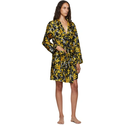 Shop Versace Black & Gold Silk Barocco Dressing Gown In A7008 Black