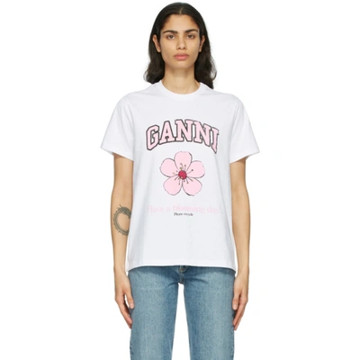 Shop Ganni White Cotton Cherry Blossom T-shirt In 151 White