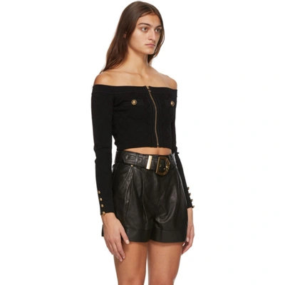 Shop Balmain Black Off-the-shoulder Diamond Knit Cardigan In 0pa Black