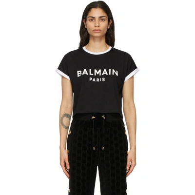 Shop Balmain Black & White Cropped Flocked Logo T-shirt In Eab Blk/wh