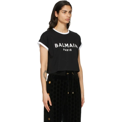 Shop Balmain Black & White Cropped Flocked Logo T-shirt In Eab Blk/wh