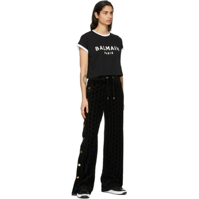 Shop Balmain Black & White Cropped Flocked Logo T-shirt In Eab Blk/wh