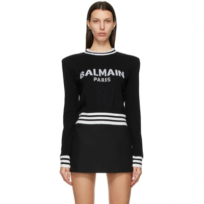 Shop Balmain Black Wool Cropped Logo Sweater In Eab Blk/wh