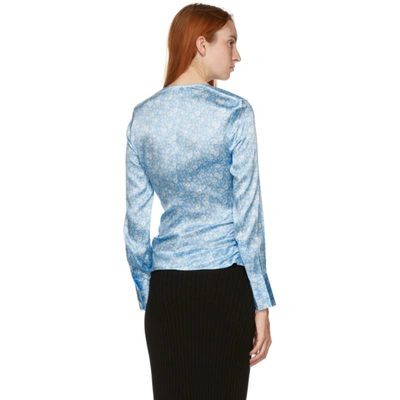 GANNI 蓝色 FLORAL 弹性缎面女式衬衫