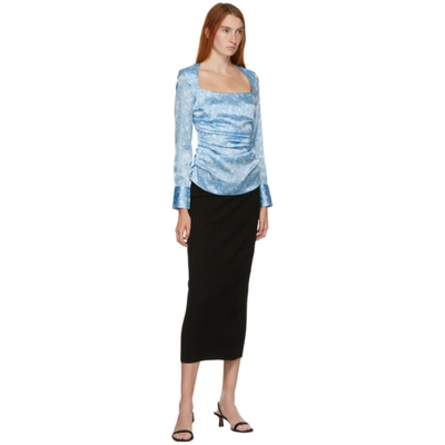 Shop Ganni Blue Floral Silk Stretch Satin Blouse In 693 Alaskan