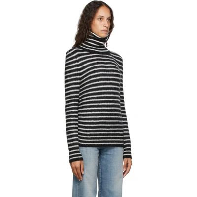 Shop Saint Laurent Black & White Mohair Striped Turtleneck In 1095 Blk/wh