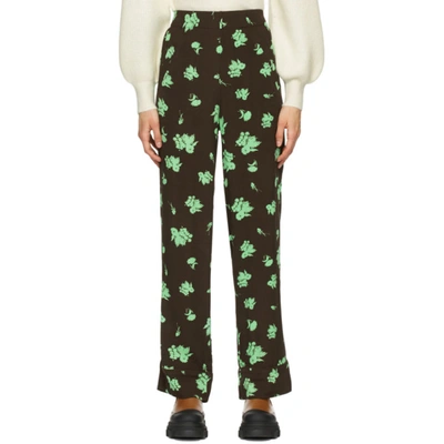 Shop Ganni Brown & Green Printed Crepe Trousers In 897 Mole