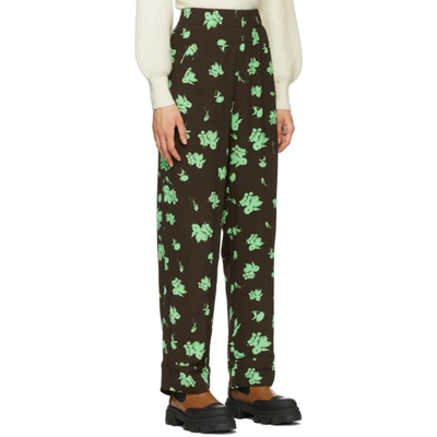 Shop Ganni Brown & Green Printed Crepe Trousers In 897 Mole