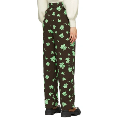 Shop Ganni Brown & Green Printed Crepe Trousers In 897 Mole