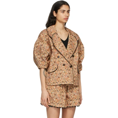 Shop Kika Vargas Tan Johanna Short Sleeve Blazer In Camel Mushrooms