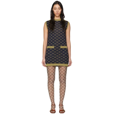 Shop Gucci Navy & Gold Wool Interlocking G Dress In 4597 Navy