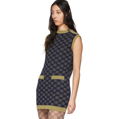 Shop Gucci Navy & Gold Wool Interlocking G Dress In 4597 Navy