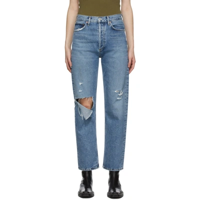 Shop Agolde Blue Fitted 90's High-rise Straight Jeans In Lineup