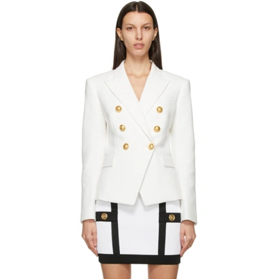 Balmain Double-breasted Structured Denim Blazer With Peak Lapel In White